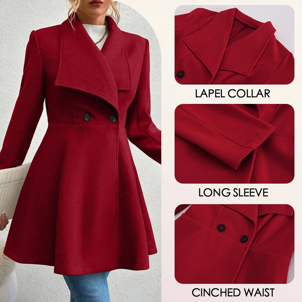 Mia Muse Women's Coats Winter Solid Color Long Sleeve Lapel Button-Up Work Coats New Year Red Valentine's Day Gift Outerwears
