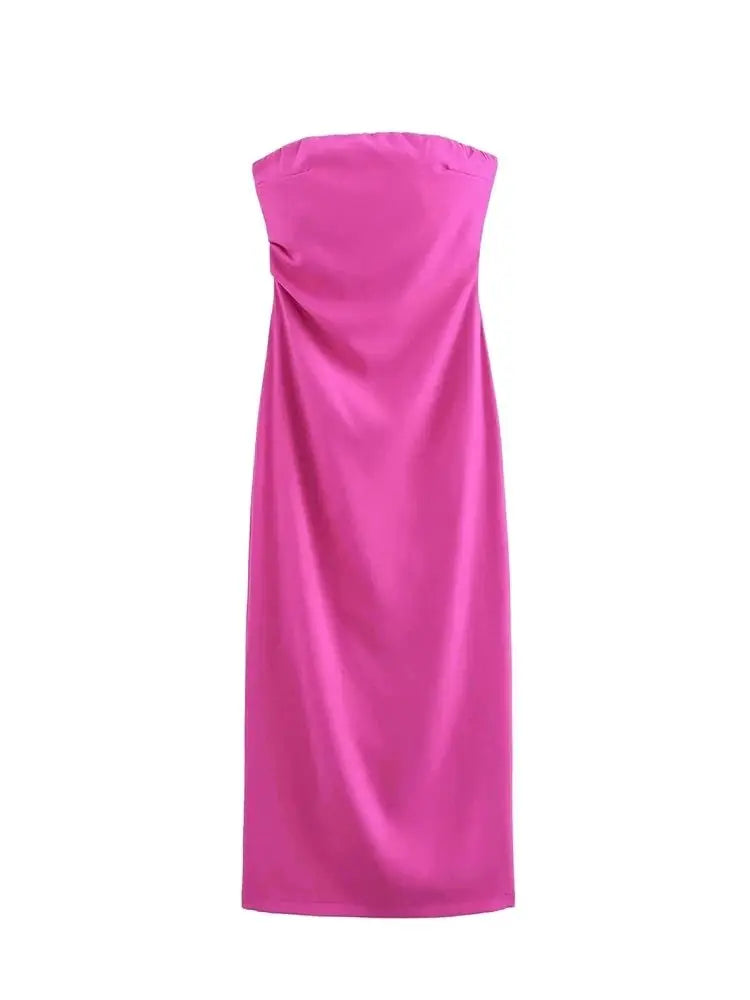 TRZA Women Fashion Strapless Gathered Midi Dress Sexy Straight Neck Back Slit Female Dresses Vestidos Mujer