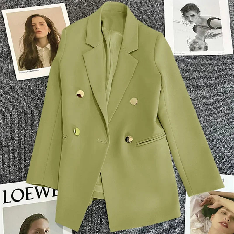 Green Metal Buckle Women's White Suit Jacket Casual Versatile High-end Feel Western-style Clothes Spring/autumn 2023 New