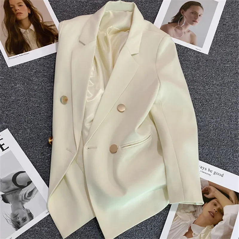 Green Metal Buckle Women's White Suit Jacket Casual Versatile High-end Feel Western-style Clothes Spring/autumn 2023 New