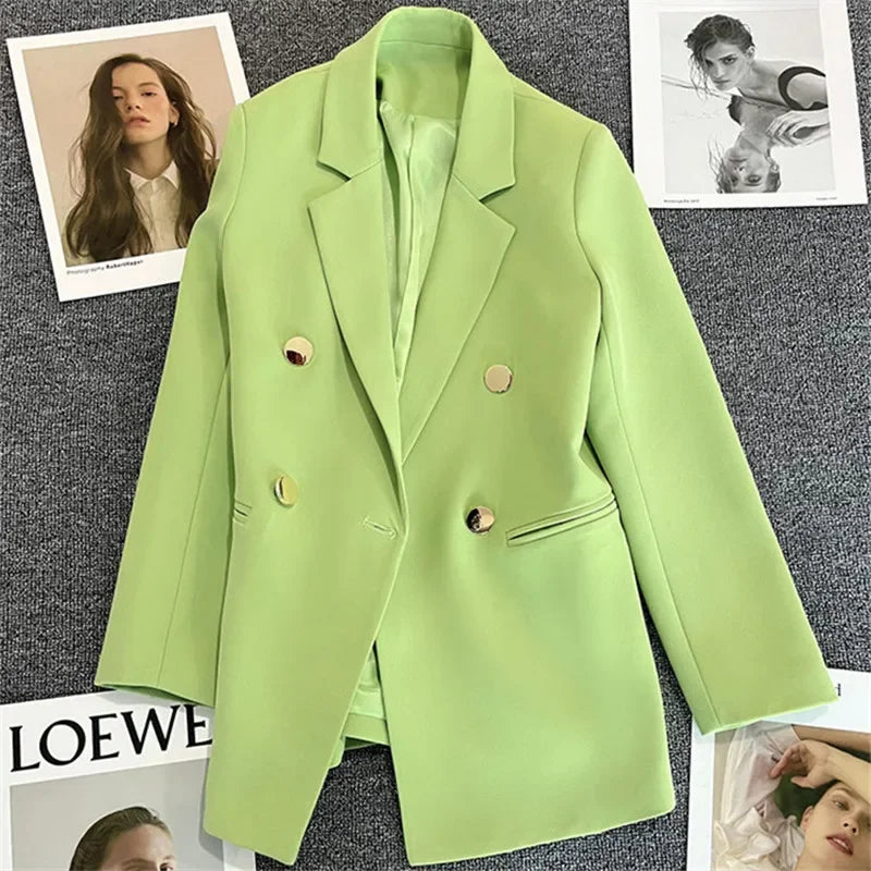 Green Metal Buckle Women's White Suit Jacket Casual Versatile High-end Feel Western-style Clothes Spring/autumn 2023 New