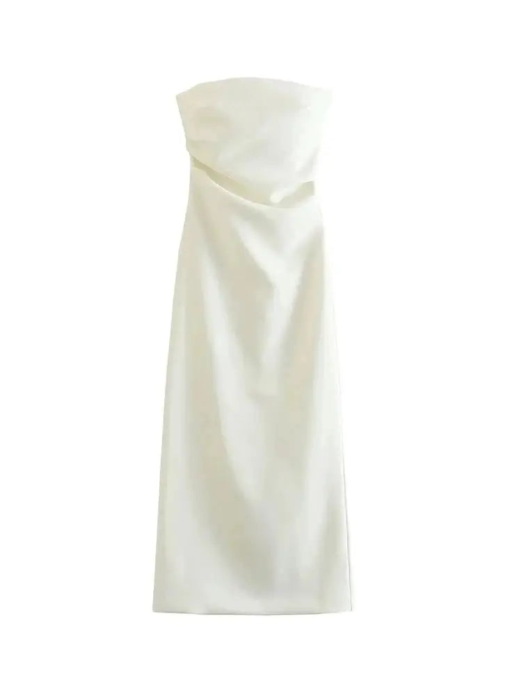 TRZA Women Fashion Strapless Gathered Midi Dress Sexy Straight Neck Back Slit Female Dresses Vestidos Mujer