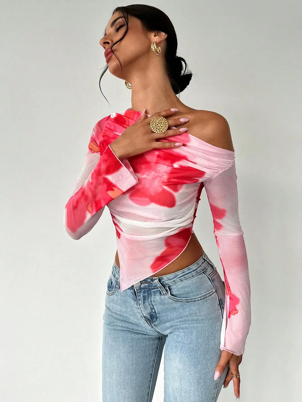 Sweet Spice Personality Style Mesh Print Diagonal Shoulder Long Sleeve Top Irregular Off-the-shoulder Short Top for Women