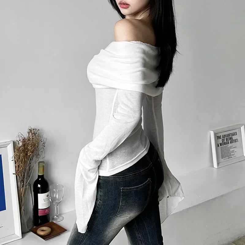 Y2k Aesthetic Simple Fashion Women's Tee Shirts Slash Neck Long Sleeve Solid Casual T-Shirts Vintage Off Shoulder Trendy Tshirts
