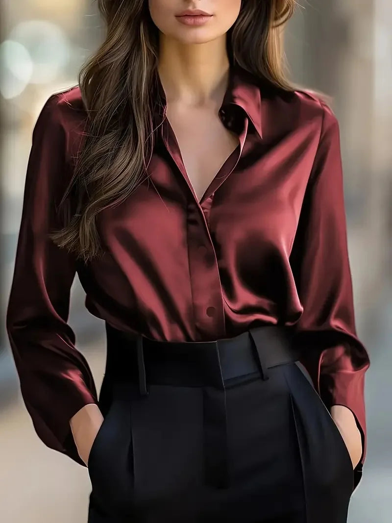 Spring Fall Fashion Elegant Long-sleeve Button-up Women's Shirt New Satin Women Shirt Vintage Long Sleeve Black Blouse Clothing