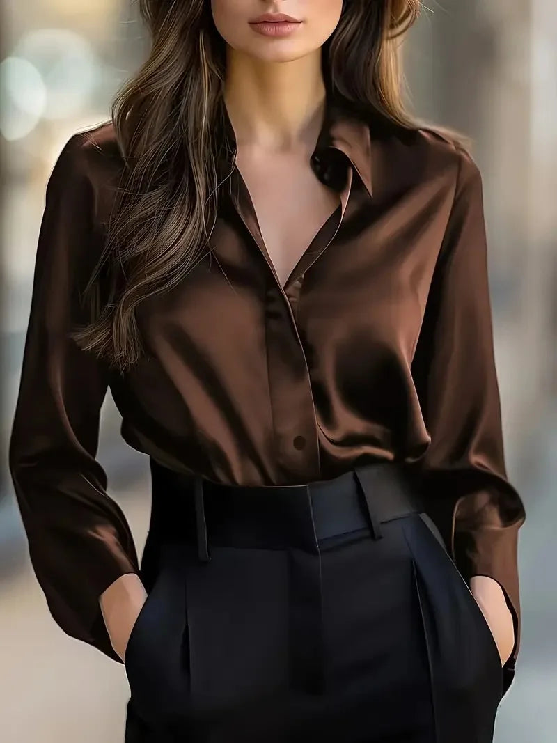 Spring Fall Fashion Elegant Long-sleeve Button-up Women's Shirt New Satin Women Shirt Vintage Long Sleeve Black Blouse Clothing