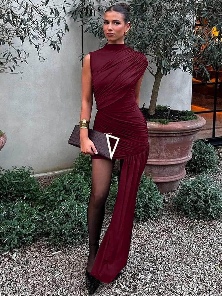Mozision Irregular Draped Ruched Sexy Mini Dress For Women Elegant Turtleneck Sleeveless High Waist Pleated Club Party Dress