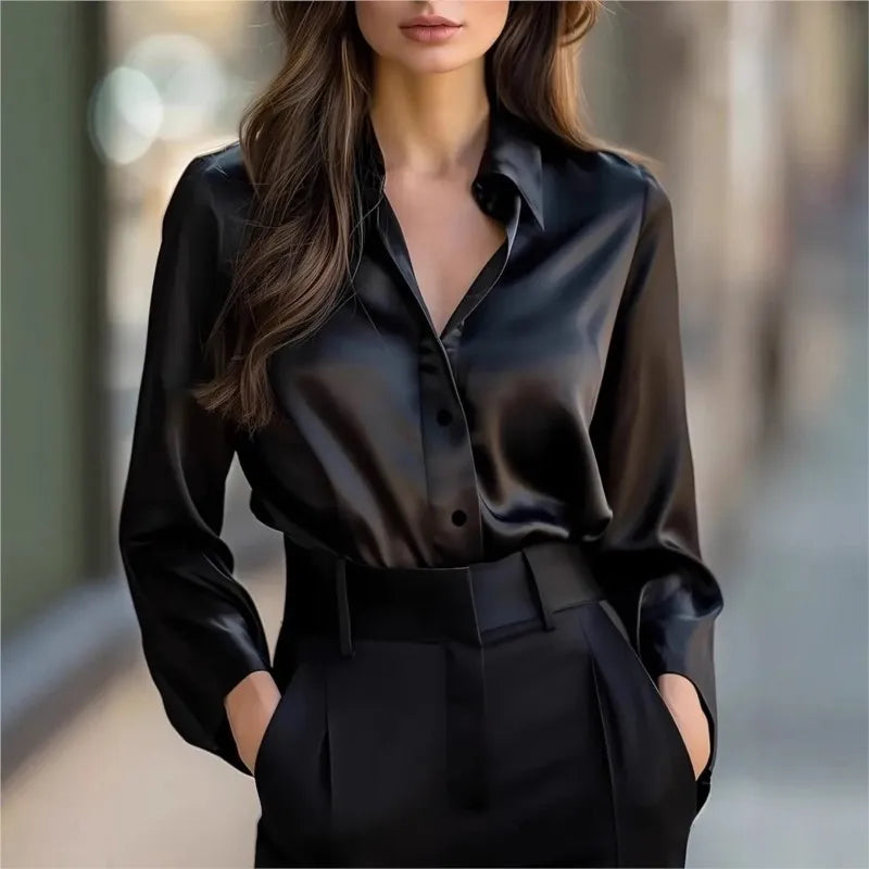 Spring Fall Fashion Elegant Long-sleeve Button-up Women's Shirt New Satin Women Shirt Vintage Long Sleeve Black Blouse Clothing