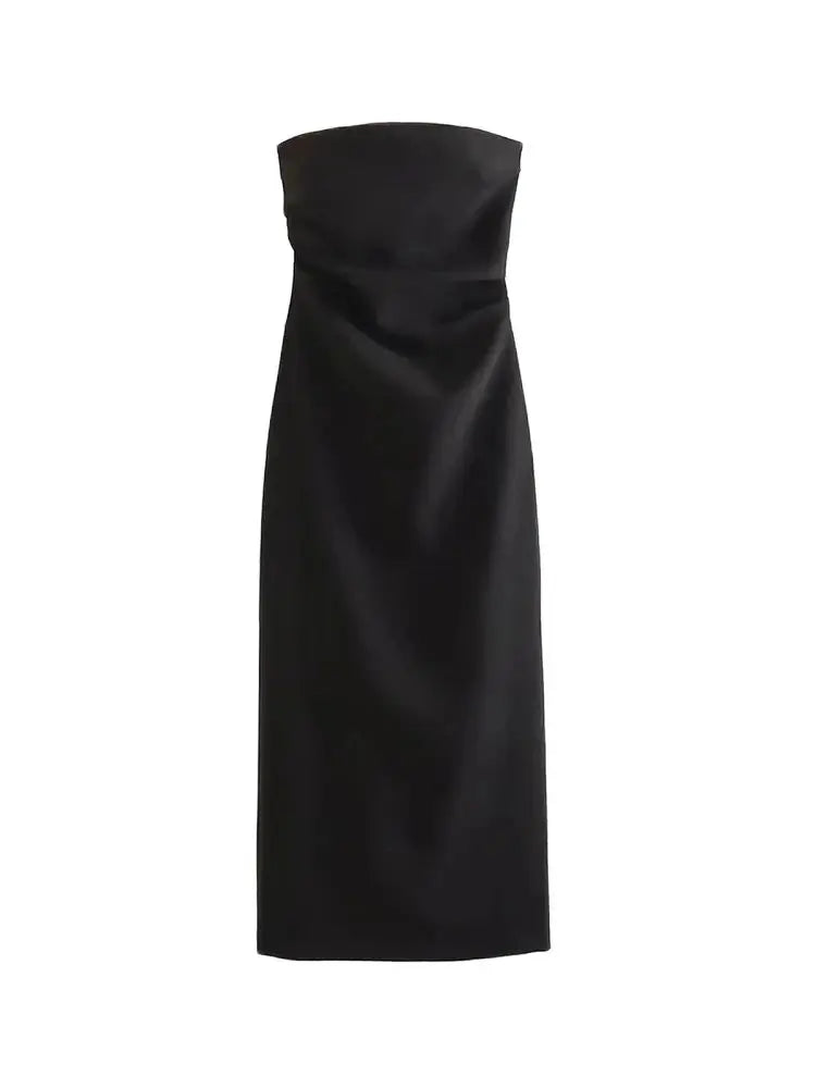TRZA Women Fashion Strapless Gathered Midi Dress Sexy Straight Neck Back Slit Female Dresses Vestidos Mujer