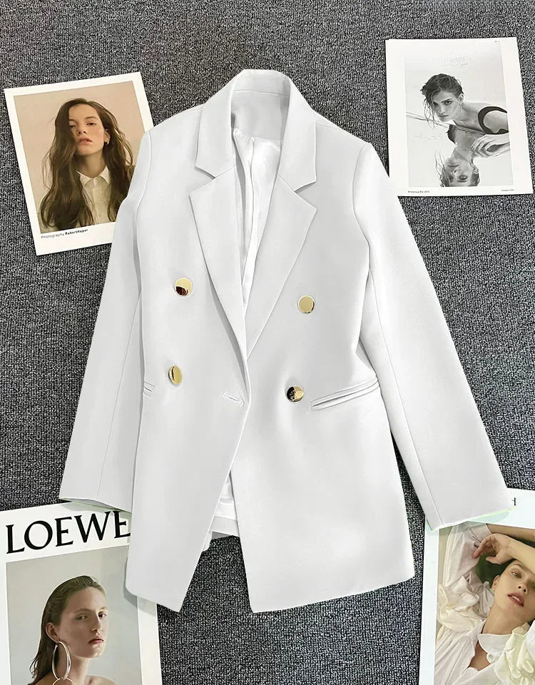 Green Metal Buckle Women's White Suit Jacket Casual Versatile High-end Feel Western-style Clothes Spring/autumn 2023 New