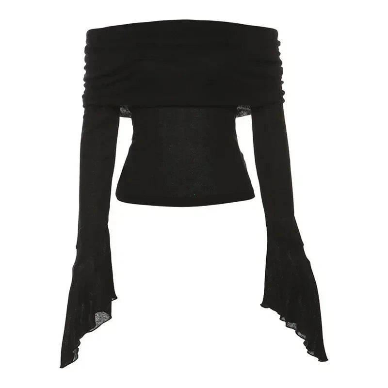 Y2k Aesthetic Simple Fashion Women's Tee Shirts Slash Neck Long Sleeve Solid Casual T-Shirts Vintage Off Shoulder Trendy Tshirts