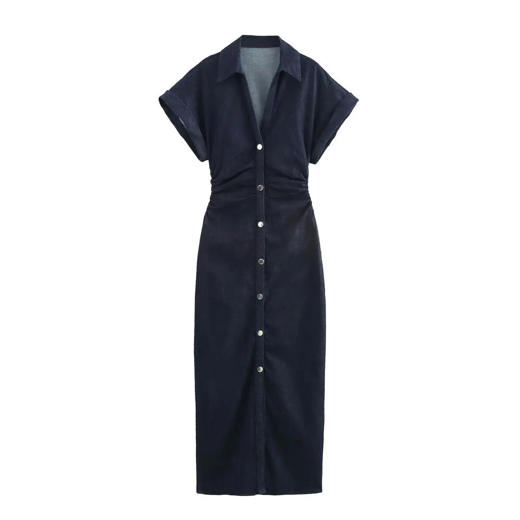 ETJ 2025  Spring New 1975 series denim MIDI dress with lapel side zipper fashion wrinkle waist slim elegant dress