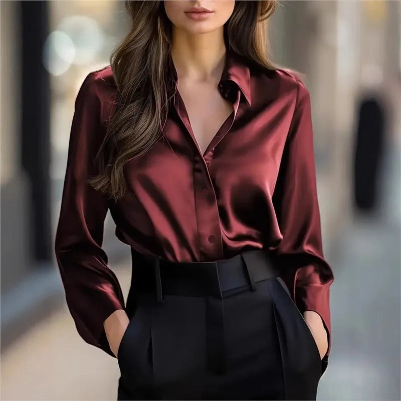Spring Fall Fashion Elegant Long-sleeve Button-up Women's Shirt New Satin Women Shirt Vintage Long Sleeve Black Blouse Clothing