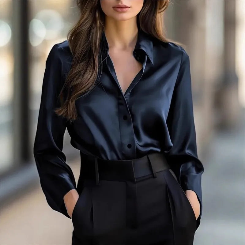 Spring Fall Fashion Elegant Long-sleeve Button-up Women's Shirt New Satin Women Shirt Vintage Long Sleeve Black Blouse Clothing