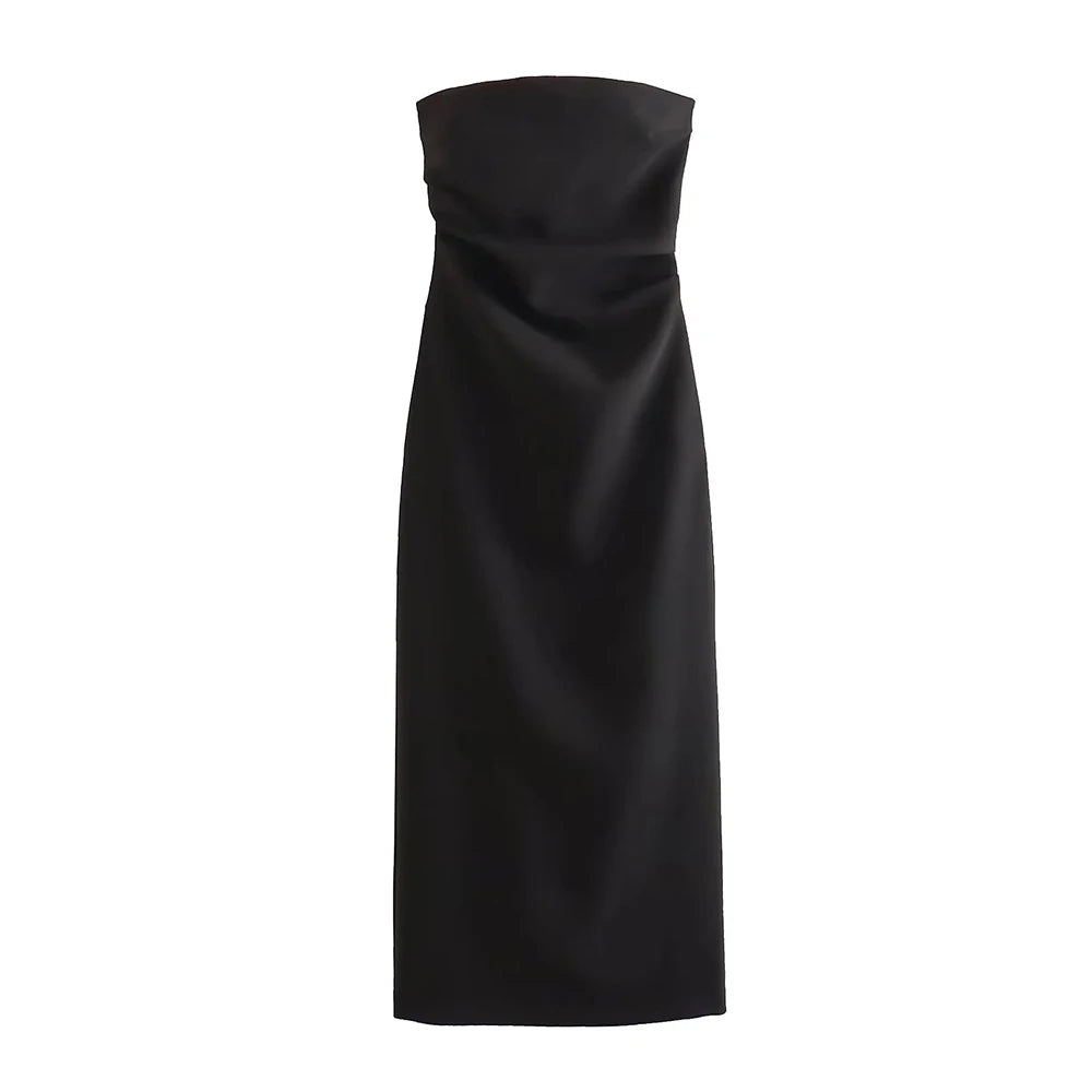 TRZA Women Fashion Strapless Gathered Midi Dress Sexy Straight Neck Back Slit Female Dresses Vestidos Mujer