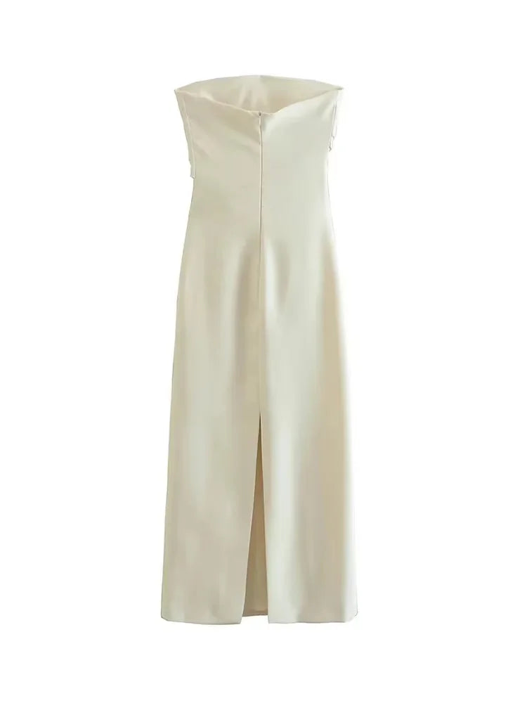 TRZA Women Fashion Strapless Gathered Midi Dress Sexy Straight Neck Back Slit Female Dresses Vestidos Mujer