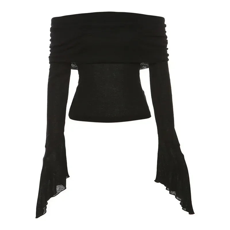 Y2k Aesthetic Simple Fashion Women's Tee Shirts Slash Neck Long Sleeve Solid Casual T-Shirts Vintage Off Shoulder Trendy Tshirts