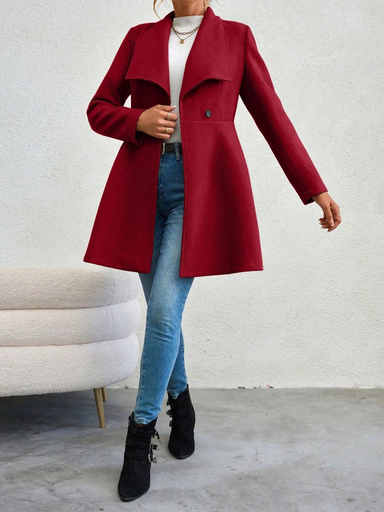 Mia Muse Women's Coats Winter Solid Color Long Sleeve Lapel Button-Up Work Coats New Year Red Valentine's Day Gift Outerwears