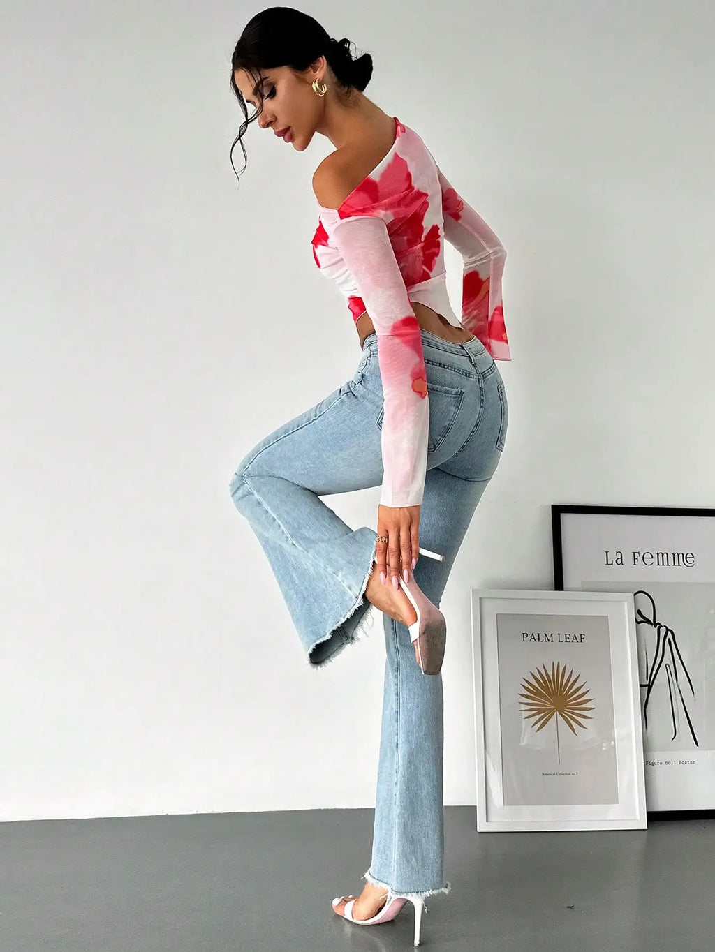 Sweet Spice Personality Style Mesh Print Diagonal Shoulder Long Sleeve Top Irregular Off-the-shoulder Short Top for Women