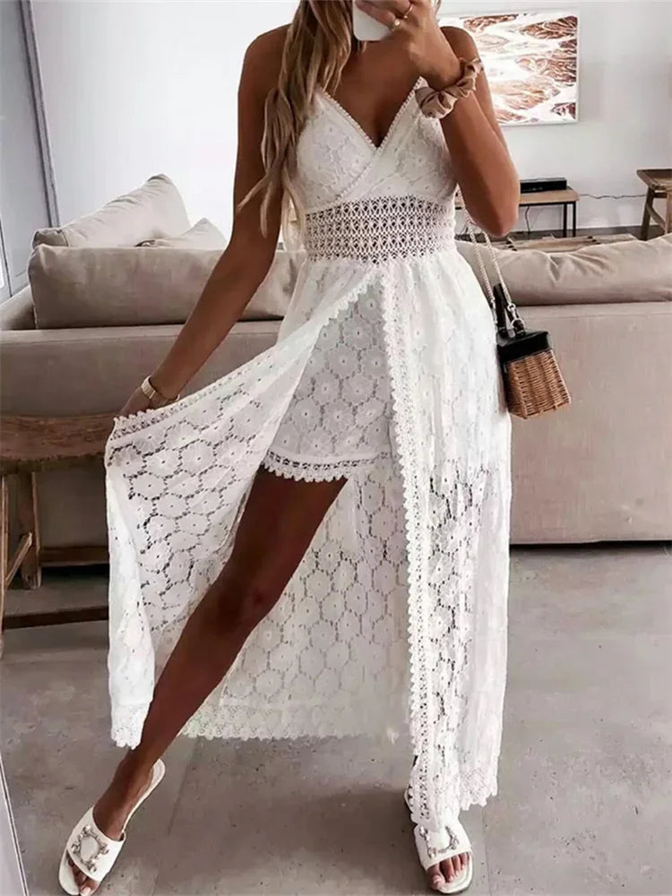 2025 Summer Women Lace Playsuit Dress Sleeveless V Neck Hollow Out Irregular Midi Dress Sexy Elegant Casual Bohemian Dresses