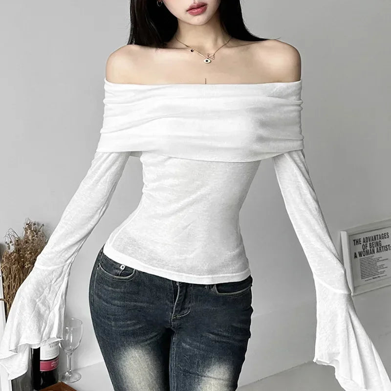 Y2k Aesthetic Simple Fashion Women's Tee Shirts Slash Neck Long Sleeve Solid Casual T-Shirts Vintage Off Shoulder Trendy Tshirts