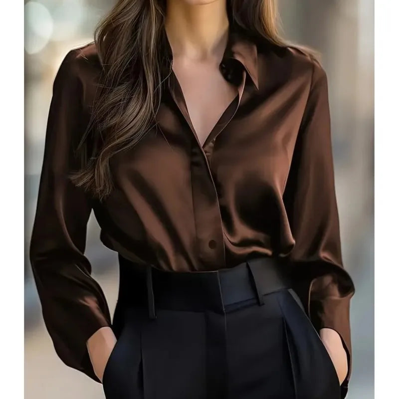 Spring Fall Fashion Elegant Long-sleeve Button-up Women's Shirt New Satin Women Shirt Vintage Long Sleeve Black Blouse Clothing